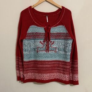 Free People Kissing Reindeer Tie Front Sweater size XS Cozy Holiday Cabincore